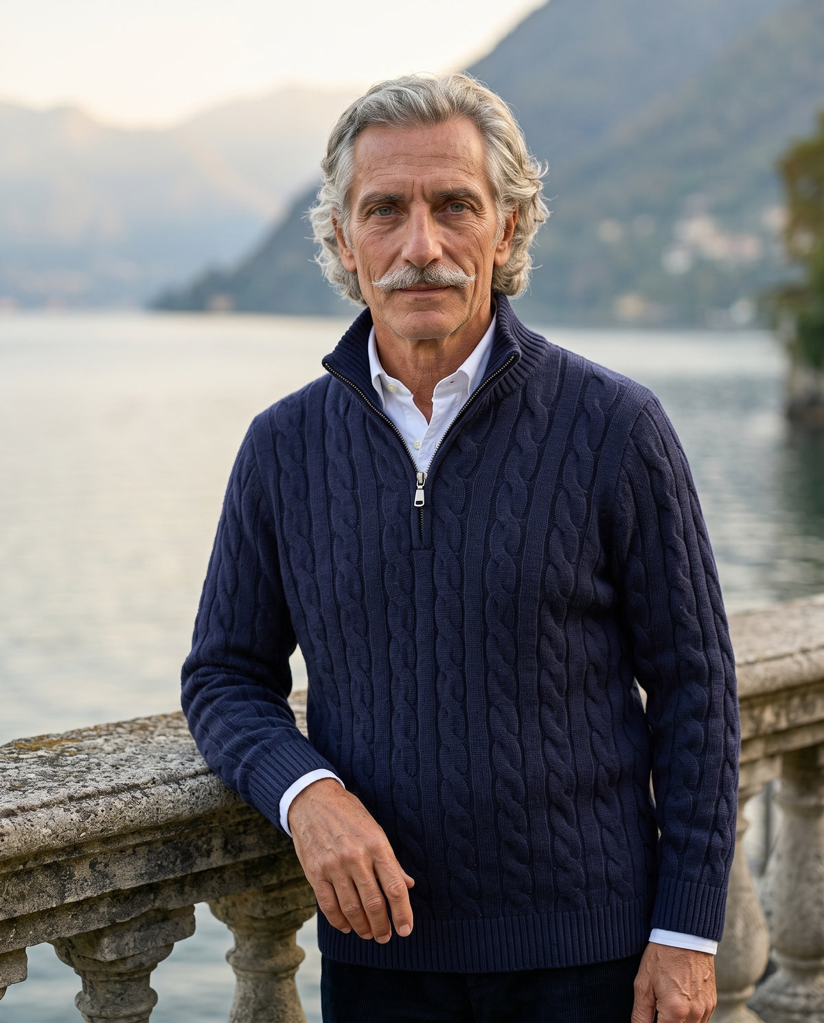 The Engadin Cable Half-Zip - Worn in Marine - Lake Como terrace
