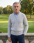 The Engadin Cable Half-Zip - Worn in Gray - country club terrace