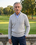 The Engadin Cable Half-Zip - Worn in Gray - country club terrace