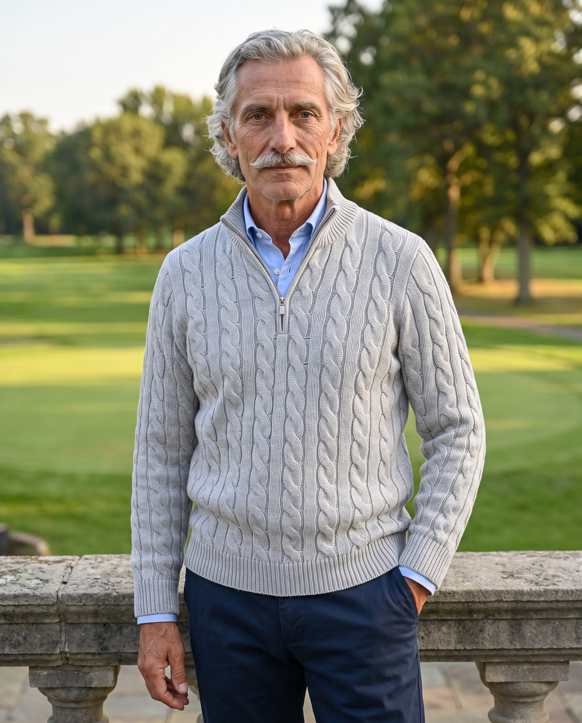 The Engadin Cable Half-Zip - Worn in Gray - country club terrace
