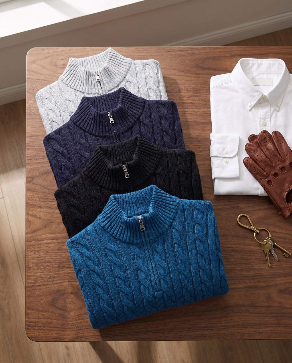 The Engadin Cable Half-Zip - Flat-lay - four colours