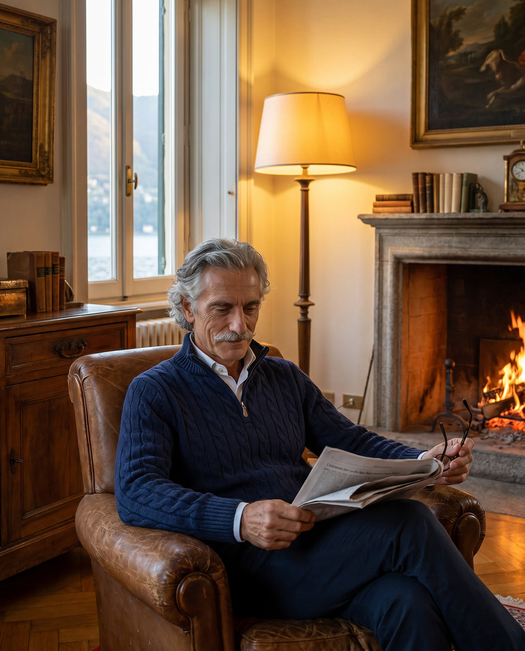 The Engadin Cable Half-Zip - Worn in Marine - fireside, villa salon