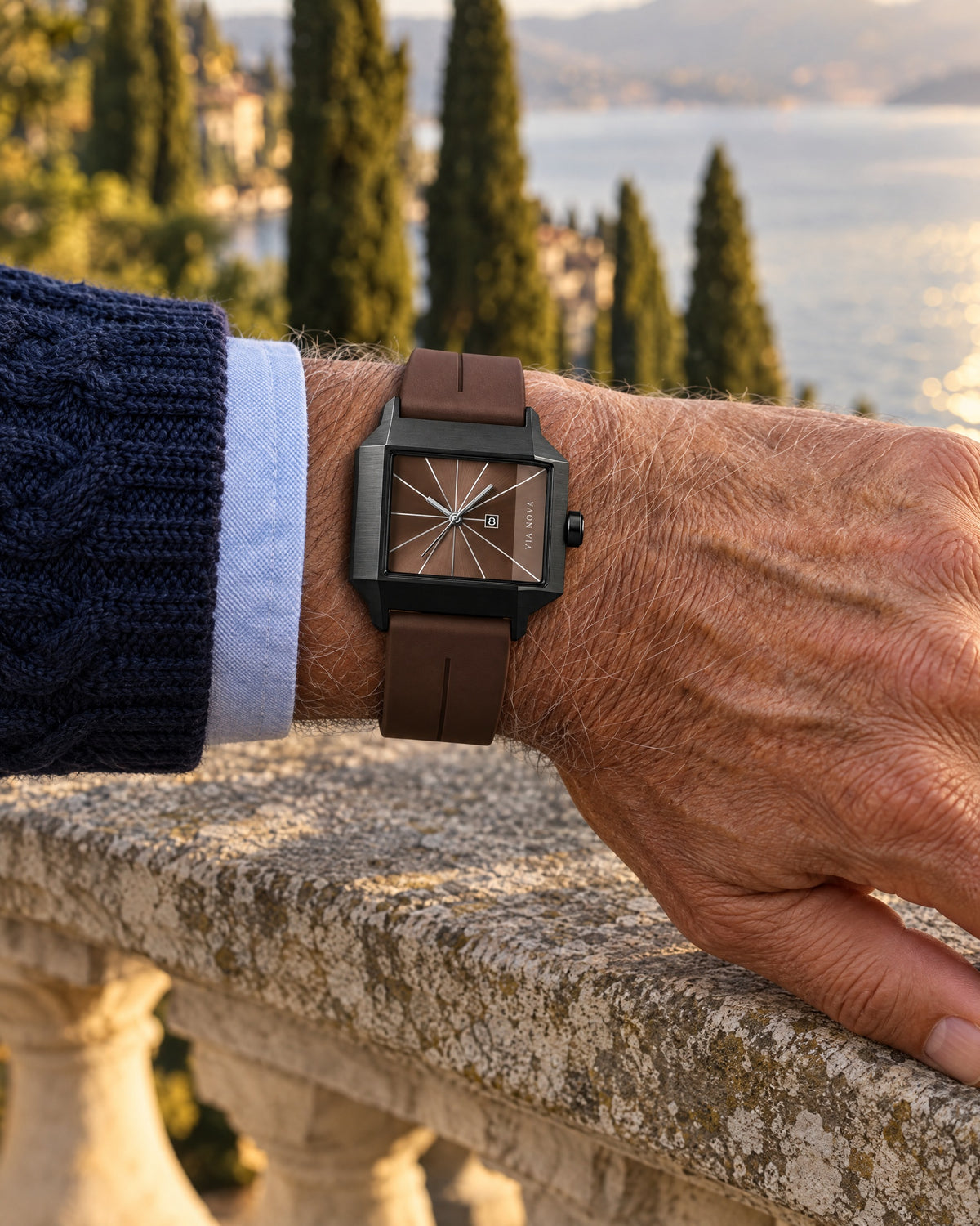 The Ivrea Modernist Watch - On the wrist - navy cable knit