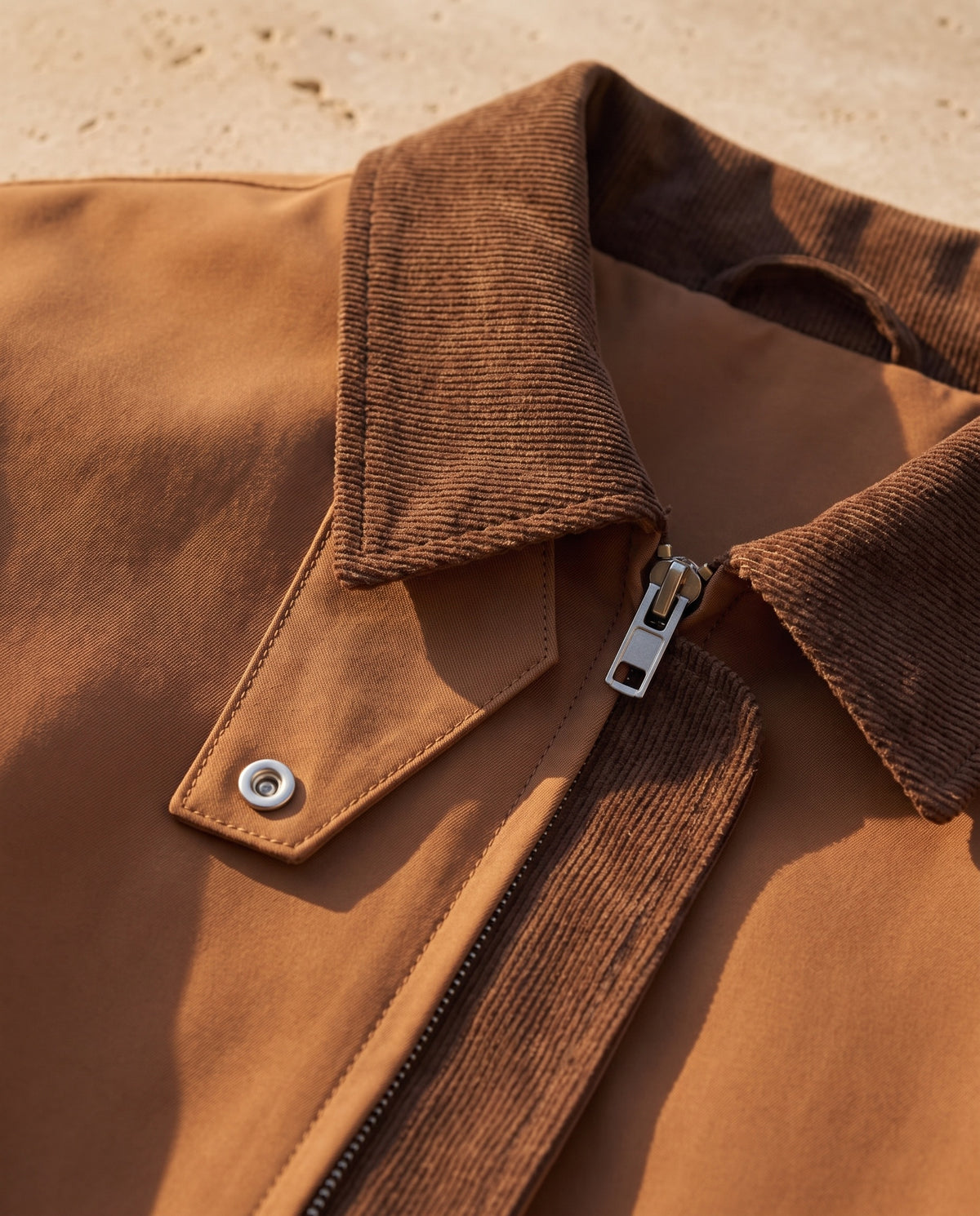 The Menaggio Harrington - Detail - corduroy collar, snap tab, zip