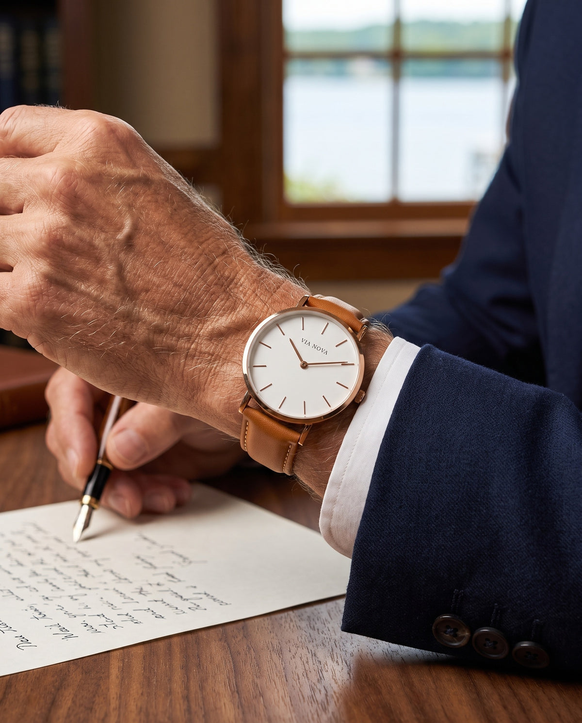 The Orta Leather Watch - On the wrist - navy blazer, writing desk