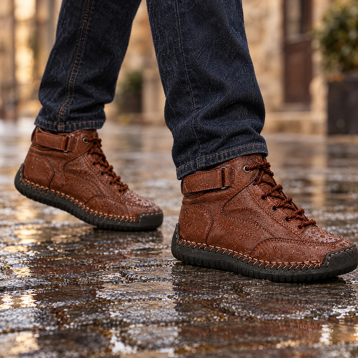 The Bolzano worn on wet cobblestones with water beading on the leather