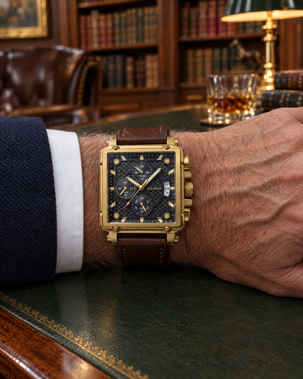 The Sanremo Square Watch - On the wrist - navy blazer, club library